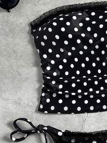 Swim Mod Bộ đồ bơi nữ mùa hè 2026 mới, kiểu dáng ren, không dây, hở lưng, gợi cảm, thanh lịch, in chấm bi đen trắng, bèo nhún, buộc dây bên hông, áo hai dây, bikini hai mảnh, đồ bơi chấm bi cho nữ, đồ bơi chấm bi, bộ bikini chấm bi, áo không dây bèo nhún in chấm bi và quần buộc dây bên hông, bộ đồ bơi tankini gợi cảm đi biển. - Đen và trắng - Xem 11