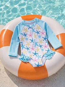 SHEIN Baby Girl Long Sleeve Starfish Print Raglan Sleeve One-Piece Swimsuit - Multicolor - View 5