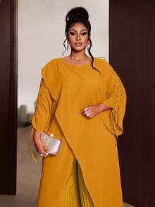 Maweii Plus Size Mustard Yellow Long Sleeve Casual Elegant Commuting Party Formal Outing Versatile 2 Pieces Set Fall - Yellow - View 2