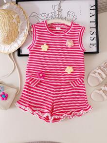 SHEIN Elladie kids 2件套女童条纹提花针织宽松背心短裤套装，适合休闲、度假、运动、夏季穿着 - 粉色 - 查看 6