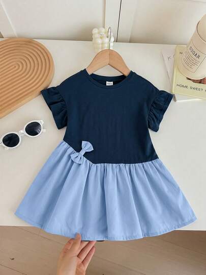 SHEIN Baby Girl Cute Colorblock Knit Bow Decor Short Sleeve Dress, Spring/Summer