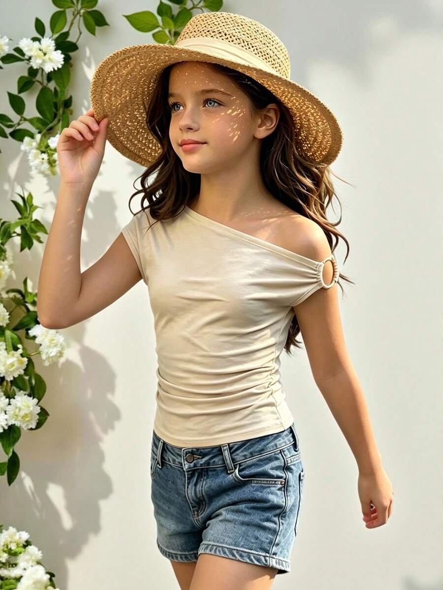 SHEIN Tween Girl Ruched Asymmetrical Shoulder Fitted T-Shirt - Apricot - View 1
