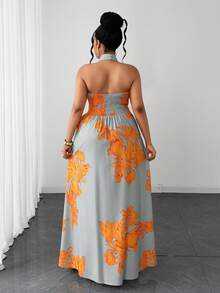 Maweii Vestido de vacaciones con estampado floral, cuello halter y cintura fruncida para tallas grandes - Multicolor - Ver 6