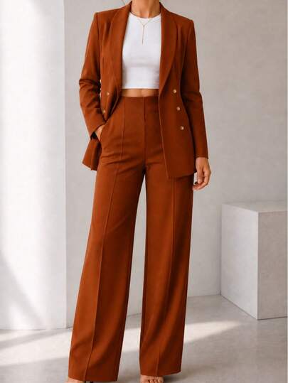 Conjunto sastre blazer cruzado pantalón palazzo tiro alto elegante formal oficina moderno