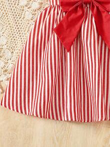 SHEIN Pink & White Striped Floral Print Bow Ruffle Trim Short Sleeve Casual Dress, Fashionable Baby Daily Wear Dress, Spring/Summer Holiday Style - Red - View 3