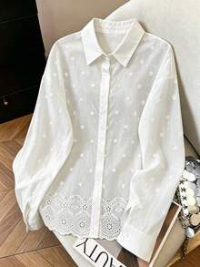 Franclia Áo kiểu nữ dáng rộng, màu trơn, thêu họa tiết, chất liệu cotton, đa năng, thích hợp mặc hàng ngày. - trắng - Xem 4