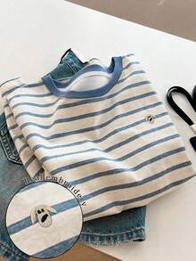 Resyla Striped Digital Print Fashionable Minimalist Plus Size Long Round Neck Drop Shoulder T-Shirt, Gift For Friends - Multicolor - View 1