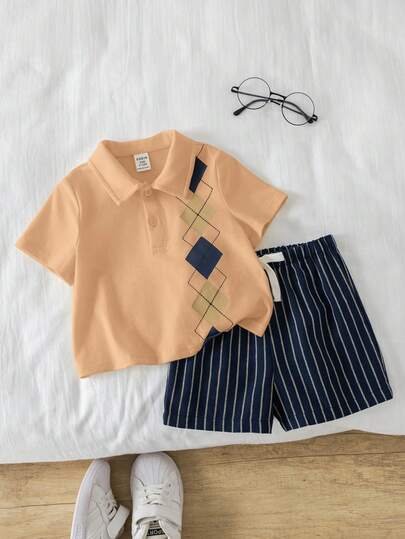 SHEIN 2pcs/Set Toddler Boys' Casual Cute Graphic Print Short Sleeve Polo Shirt And Striped Shorts Set, Spring/Summer