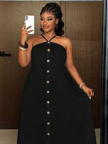 Maweii Vestido romántico de vacaciones con hombros descubiertos y decoración de botones para tallas grandes - Negro - Ver 3