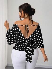 Elenzga Plus Size Tie-Up Polka Dot Retro Elegant Blouse - Black - View 2