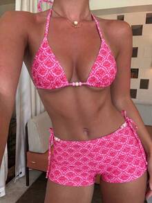 Swim Mod 3-Piece Swimsuit Set For Women,White,Summer,Boho,Holiday,Pool Party,Holiday Floral & Plaid Print Halter Bikini Top & Tie-Side Bottom With Shorts - Multicolor - View 7