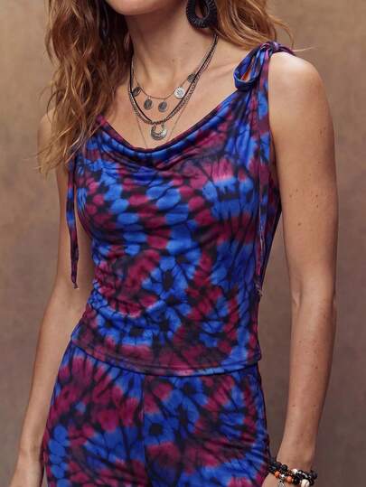 Fembélia Women's Fashion Purple And Blue Tie-Up Shoulder Top Vacation Summer Boho