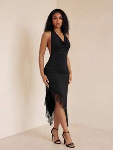 Vestido asimétrico con escote pronunciado y dobladillo de encaje para mujeres - Negro - Ver 7