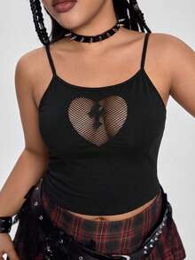 ROMWE Goth Summer Outfits Plus Size Women Sexy Mesh Cross Backless Camisole Stretchy - Black - View 1