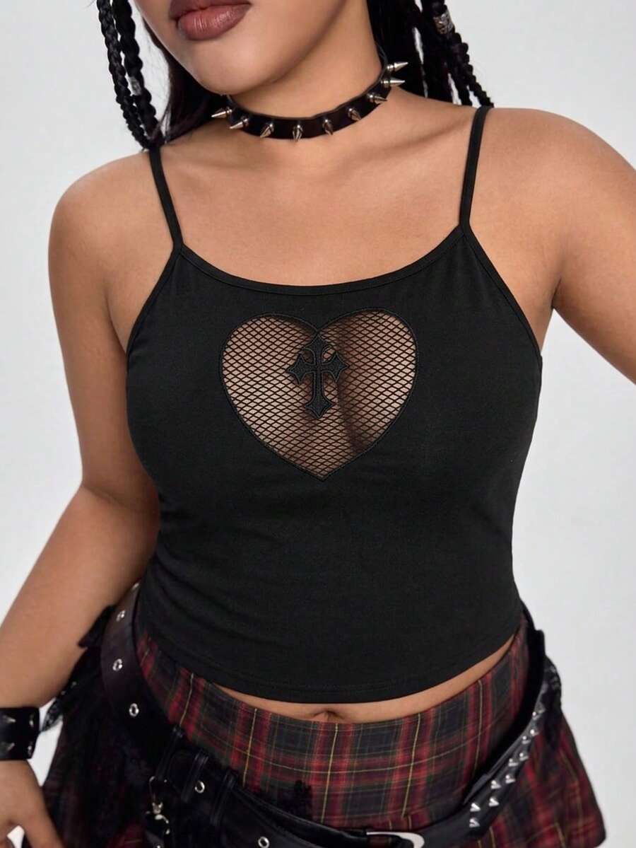 ROMWE Goth Summer Outfits Plus Size Women Sexy Mesh Cross Backless Camisole Stretchy - Black - View 1