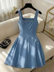 SHEIN MOD Đầm denim không tay cổ vuông dáng casual dành cho nữ - Rửa trung bình - Xem 2