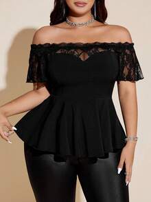 SHEIN CURVE+ 大尺碼性感蕾絲拼接露肩黑色修身女上衣 - 黑色 - 查看 2