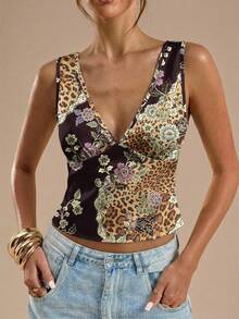 SHEIN BAE Áo hai dây nữ thanh lịch, in họa tiết, cổ chữ V sâu, ôm sát, thích hợp cho kỳ nghỉ xuân/hè, mặc đi biển, dạo phố, đi làm, hẹn hò, phong cách sang trọng. - Nhiều màu - Xem 3