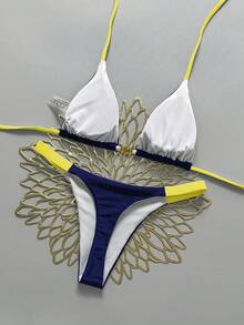 Swim Vcay 女款 2 件組夏季海灘度假貝殼裝飾對比色掛脖三角比基尼套裝 - 藏蓝色 - 查看 2