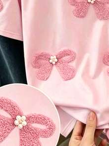 女童人造毛蝴蝶結花卉印花寬鬆圓領短袖T恤，粉色，適合春夏穿著，休閒舒適，盛夏必備，開學季熱門，夏季女孩風格，兒童時尚服飾，基礎款，春夏韓系風格，日常兒童時尚服飾 - 彩色 - 查看 6