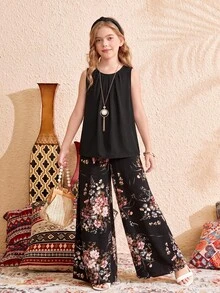 SHEIN 少女宽松圆领无袖黑色印花衬衫和阔腿裤两件套度假套装 - 黑色 - 查看 6