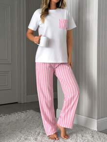 SHEIN Contrast Pink Stripe Pocket Tee & Pants Pajama Set - Pink - View 3