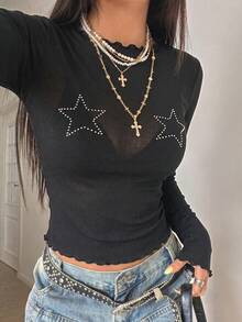 StreetHx American Baddie Star Rhinestone Mesh Sheer Fitted Cropped T-Shirt - Black - View 3