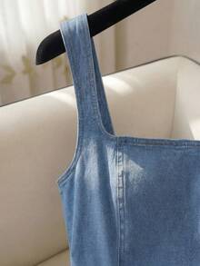 SHEIN MOD Đầm denim không tay cổ vuông dáng casual dành cho nữ - Rửa trung bình - Xem 3
