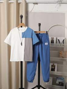 SHEIN Vacaura 2pcs/Set Boys' Casual Minimalist Blue, Grey & White Patchwork T-Shirt And Pants Set, Suitable For Spring/Summer Daily Wear And Outings - Blue - View 3