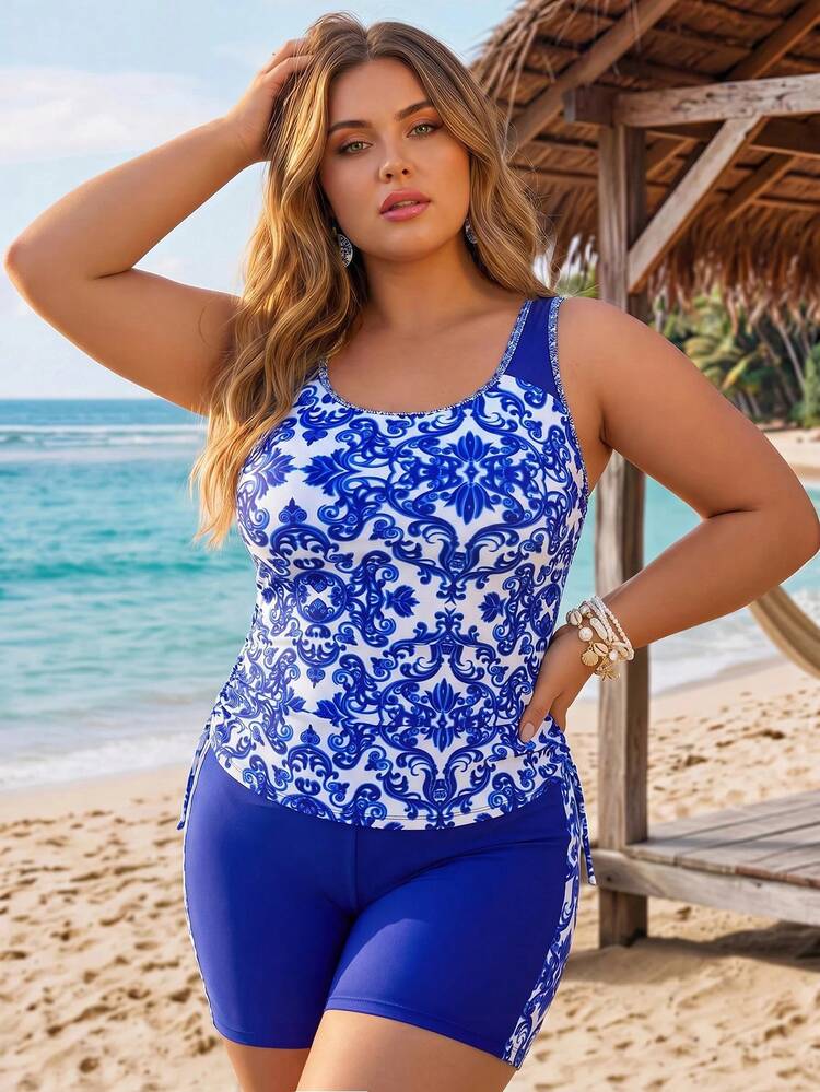 SHEIN CURVE+ Bộ đồ bơi tankini in hoa cỡ lớn dành cho kỳ nghỉ hè trên bãi biển năm 2026. - Màu xanh lam - Xem 6