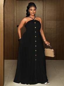 Maweii Vestido romántico de vacaciones con hombros descubiertos y decoración de botones para tallas grandes - Negro - Ver 2