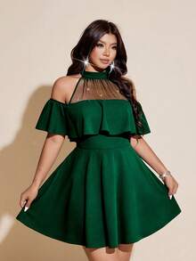 Viva Relle Plus Size Sexy Black Round Neck Halter Exposed Shoulder Sequin Mesh Patchwork Waist Dress - Green - View 4