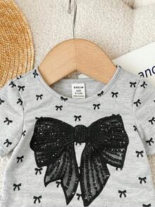 SHEIN 2pcs Baby Girl Knitted Solid Color Round Neck Bow Decor Pleated T-Shirt And Flare Pants Set - Multicolor - View 3