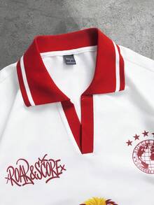 Manfinity Roghcode 男士獅子印花短袖休閒通勤 Polo 衫，足球風格 - 白色 - 查看 5