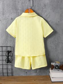 SHEIN 男童纯色 Polo 领衬衫配短裤两件套，夏季 - 黃色 - 查看 2