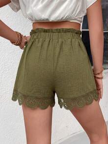 SHEIN Holidaya 女士夏季100%纯棉军绿色荷叶边弹力腰带口袋短裤，适合日常通勤、度假等多种场合。 - 軍綠色 - 查看 2