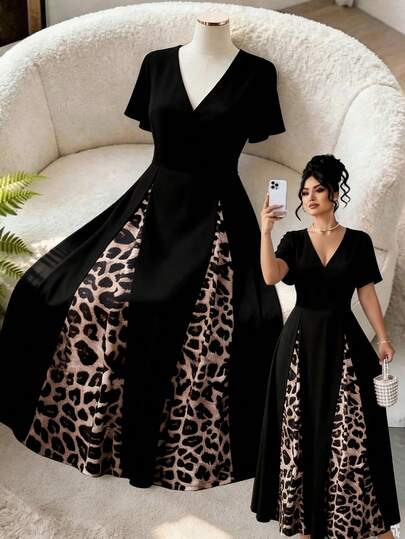 Elenzga Vestido de verano de moda para mujer talla grande con estampado de leopardo, parches, cuello en V, manga corta, cintura ceñida y dobladillo acampanado
