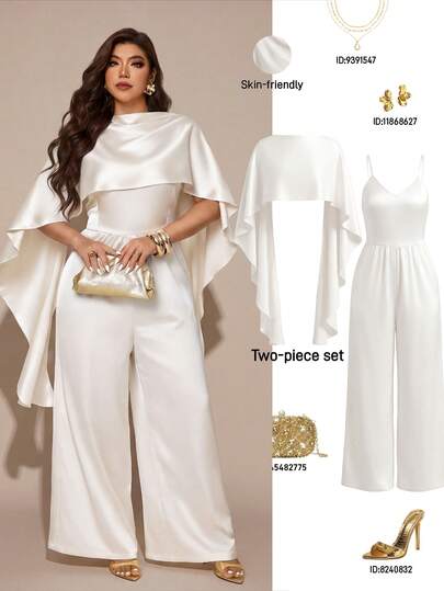 Femmeverse Plus Size Elegant Solid Color Jumpsuit With Shawl