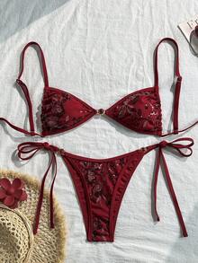 Swim Vcay Swim Bonvoyette 2件式花卉亮片掛脖比基尼套裝，綁帶側邊泳褲，性感女款泳裝套裝，適合春夏季度假 - 酒紅色 - 查看 3