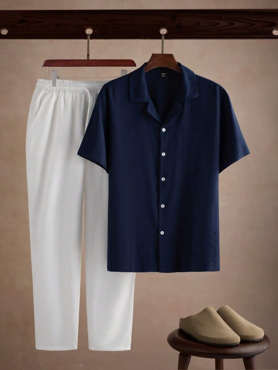Core Aspect Men's Solid Color Single-Breasted Short Sleeve Shirt And Pants Casual Suit - Multicolor - View 1