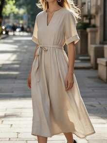 EMERY ROSE Women's Textured Solid Color V-Neck Tie Waist Vacation Dress - Khaki - View 3