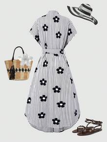 SHEIN 一件式少女夏季休闲时尚经典舒适短袖连衣裙，粉色条纹立领短袖中长宽松衬衫裙，开衩下摆配腰带，适合日常穿着、购物、度假等场合。 - 彩色 - 查看 3