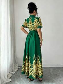 Elenzga Women's Elegant Boho Pastel Green Foil Print Front Button Long Dress, Summer Vacation - Dark Green - View 2