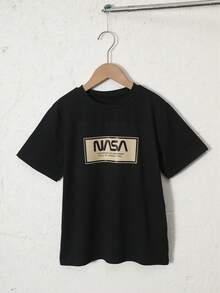 SHEIN Mirajuku 男童印花黑色短袖T恤和米色工装裤两件套休闲套装，春夏款 - 霧霾藍 - 查看 3