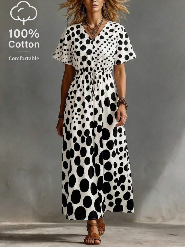 Women's Fashionable Polka Dot Print Tie-Waist Dress, Suitable For Dates Summer Outfits For Women Dresses For Women Dress Graduation Dress For Women Graduation Dresses Beach Vacation Holiday Outfits Birthday Dresses For Women Elegant Boho Dresses For Women Casual Dresses For Women Casual Women's Dresses Holiday Outfits Women Outfits For Women Dresses Dresses Polka Dot Dress White And Black Polka Dot