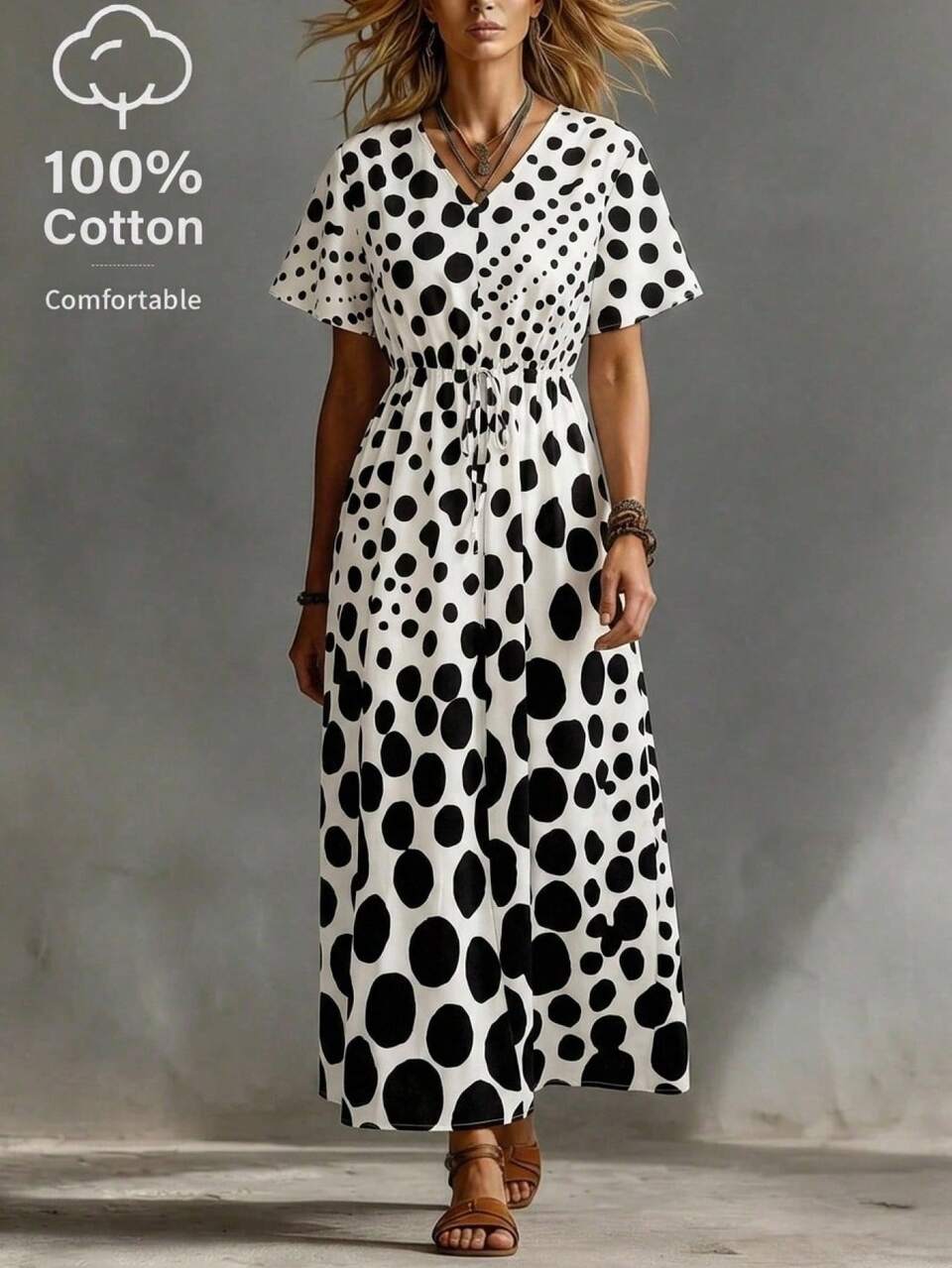Women's White With Black Polka Dots Dress,Elegant Boho Summer Holiday Vacation Fashionable Tie-Waist Graduation Dresses,Casual Beach Outfits