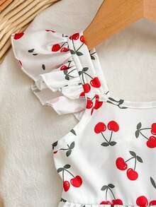 SHEIN Baby Girl Cute Cherry Print Ruffle Hem Dress - Red and White - View 5