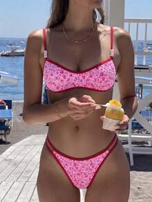 Swim Mod 新款女士泳装套装，夏季新款百搭两件式泳衣，甜美粉色系列，碎花图案，撞色红色滚边，串珠装饰，可调节比基尼上衣和三角泳裤，适合甜美海滩/泳池风格 - 彩色 - 查看 4