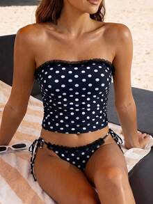 Swim Mod Bộ đồ bơi nữ mùa hè 2026 mới, kiểu dáng ren, không dây, hở lưng, gợi cảm, thanh lịch, in chấm bi đen trắng, bèo nhún, buộc dây bên hông, áo hai dây, bikini hai mảnh, đồ bơi chấm bi cho nữ, đồ bơi chấm bi, bộ bikini chấm bi, áo không dây bèo nhún in chấm bi và quần buộc dây bên hông, bộ đồ bơi tankini gợi cảm đi biển. - Đen và trắng - Xem 4