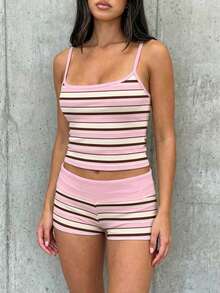 SHEIN EZwear Summer Contrast Stripe Trim Camisole And Shorts Set - Pink - View 5